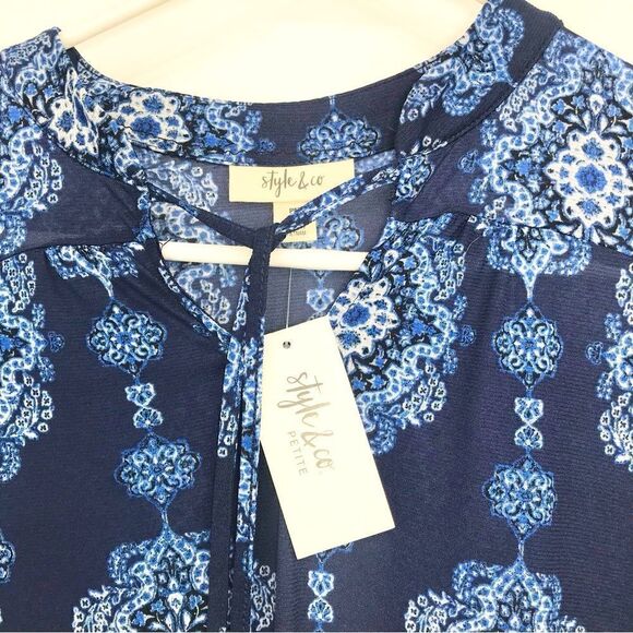 Style & Co. Navy Blue Medallion Print Peasant Boho Blouse - Picture 4 of 15